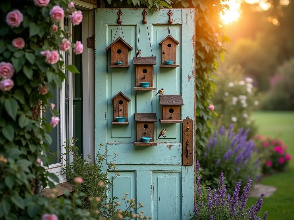 Vintage Door Bird Haven - A weathered, sage-green vintage door transformed into a whimsical bird sanctuary, photographed during golden hour in a cottage garden setting. The door stands upright against a backdrop of climbing roses and lavender. Multiple rustic birdhouses in varying sizes are mounted artistically across the door panels, with copper bird feeders hanging from decorative hooks. Small weathered wooden shelves hold blue ceramic water dishes. Delicate morning glories wind around the door frame, while a pair of finches perch on one of the feeders. Shot with shallow depth of field, capturing the warm evening light filtering through the surrounding foliage. 16-35mm lens at f/2.8, ISO 400, creating a dreamy bokeh effect in the garden background.