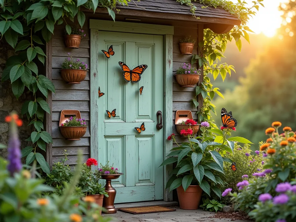 Vintage Door Butterfly Garden Haven - A rustic weathered wooden door transformed into an enchanting butterfly garden feature, photographed during golden hour. The vintage door, painted in soft sage green with delicate hand-painted monarch butterflies, stands in a lush garden setting. Multiple copper and vintage tin wall-mounted planters cascade with purple butterfly bush, red bee balm, and orange lantana. A small copper bird bath nestled among the plants creates a peaceful water feature. Climbing clematis vines frame the door edges, while scattered butterflies hover around the blooming flowers. Shot with shallow depth of field focusing on a monarch butterfly landing on a coneflower, with the decorated door creating a dreamy backdrop. Natural sunlight filters through the scene, creating a magical garden atmosphere.