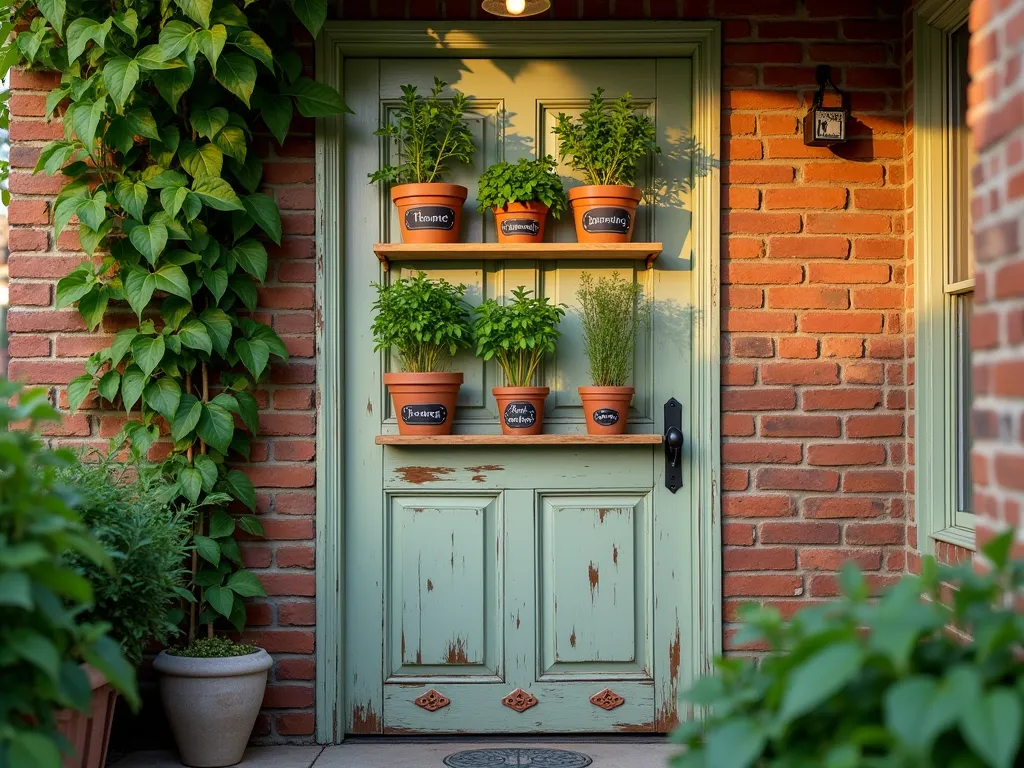 Vintage Door Frame Herb Garden Display - A rustic weathered wooden door frame transformed into a vertical herb garden, photographed during golden hour. The door, painted in a soft sage green with gentle distressing, features six panel sections converted into individual planting areas with reclaimed wood shelves. Each shelf holds terracotta pots containing thriving herbs like basil, thyme, and rosemary. Vintage-style chalk labels mark each herb variety. The door stands against a brick wall on a charming patio, with climbing ivy partially framing the edges. Soft natural lighting filters through the herbs, creating gentle shadows on the door's surface. Shot at f/8 with a wide-angle lens to capture the full installation while maintaining detail in the herbs and vintage hardware. Decorative copper drainage plates beneath each shelf add architectural interest. 8K, DSLR, hyper-realistic, golden hour lighting.