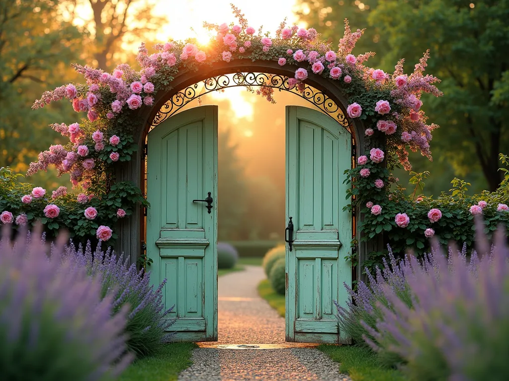 Vintage Door Garden Arch with Climbing Roses - A magical garden scene at golden hour featuring two weathered vintage doors in soft mint green, positioned vertically to create an elegant garden arch. A curved wrought iron trellis connects the doors at the top, creating a romantic walkway. Deep pink climbing roses and purple wisteria intertwine through the trellis, cascading down the doors with delicate blooms. The arch is set in a lush cottage garden with lavender borders and a winding gravel path leading through it. Soft evening sunlight filters through the flowers, creating a dreamy, ethereal atmosphere. Shot with a wide-angle perspective to capture the full grandeur of the structure and its garden setting. Photorealistic, highly detailed, 16-35mm lens, f/2.8, ISO 400.