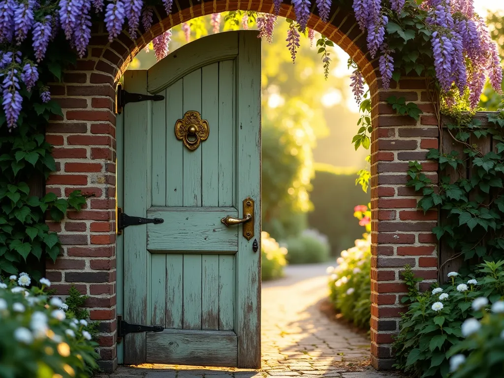 Enchanted Garden Door Gateway - A weathered vintage wooden door with ornate brass hardware stands as a magical garden gate entrance, bathed in late afternoon golden sunlight. The door, painted in a faded sage green with naturally peeling paint, is flanked by brick pillars wrapped in climbing purple wisteria and white climbing roses. A vintage brass doorbell gleams on one side, while an antique door knocker adds character to the center. Through the partially open door, a winding garden path leads to a lush cottage garden. Shot from a medium-low angle to emphasize the door's height and grandeur, with a shallow depth of field that creates a dreamy, ethereal atmosphere. Captured with a 16-35mm lens at f/2.8, ISO 400, during golden hour.