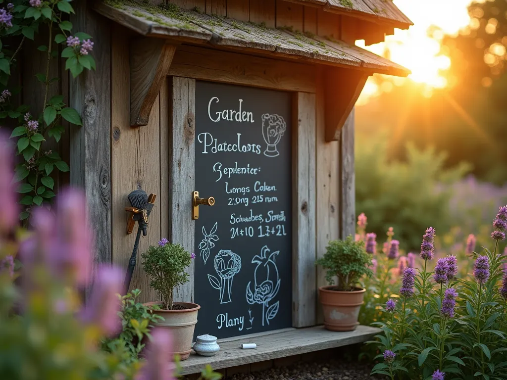 Rustic Door Garden Journal Station - A charming vintage wooden door painted with matte black chalkboard paint, mounted vertically in a cottage garden setting during golden hour. The door features neat chalk writings of garden plans, planting schedules, and botanical sketches. A clear acrylic cover protects the writings while reflecting the warm sunset light. The surrounding garden includes blooming lavender and climbing roses. The door is weathered with character, mounted between two cedar posts, with a small copper roof offering additional weather protection. A rustic wooden shelf below holds chalk and gardening tools. Shot from a slight angle to capture depth, with bokeh effect from evening sunlight filtering through nearby foliage. Professional DSLR photo with rich contrast and sharp details, f/8, ISO 100, 1/125 sec.