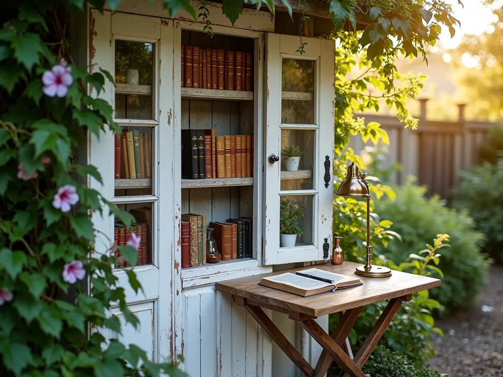 Vintage Door Garden Library & Planning Station - A rustic weathered wooden door repurposed into an elegant outdoor garden library station, photographed during golden hour. The door features white-painted built-in shelves holding leather-bound gardening books, plant guides, and seasonal journals. A fold-down writing desk made from reclaimed wood is attached at waist height, complete with a vintage brass lamp. Climbing jasmine and morning glory vines frame the door's edges, while copper plant markers and a vintage magnifying glass rest on the desk. Shot with shallow depth of field highlighting the detailed organization of books and botanical illustrations pinned to the door's surface. Dappled sunlight filters through nearby tree branches, creating a warm, inviting atmosphere in a cottage garden setting.