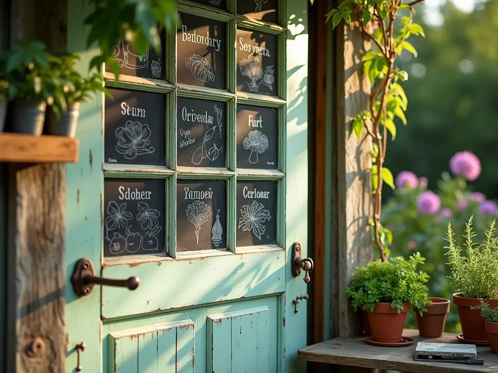 Vintage Door Garden Planner - Close-up shot of a weathered sage-green vintage door repurposed as a garden planting calendar in a rustic potting area. The door's glass panels have been replaced with chalkboard sections displaying monthly planting schedules, decorated with delicate chalk illustrations of vegetables and flowers. Small wooden shelves attached to the door hold vintage-style seed packets and garden tools. The door is illuminated by soft late afternoon sunlight, creating warm shadows across its surface. Climbing jasmine frames the edges, while potted herbs sit on a nearby weathered wooden potting bench. The background shows a blurred cottage garden with blooming flowers.