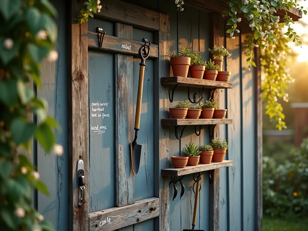 Vintage Door Garden Tool Organization Station - Close-up shot during golden hour of a weathered vintage wooden door mounted vertically on a rustic garden shed wall. The door, painted in matte charcoal chalkboard paint, features neat handwritten chalk labels. Various garden tools are expertly organized with wrought iron hooks and reclaimed wood shelves attached to the door panels. A collection of hand trowels, pruning shears, and small terracotta pots sits on the wooden shelves, while larger tools like rakes and spades hang from hooks. Soft evening sunlight casts long shadows across the door's surface, highlighting its distressed character. Climbing jasmine frames one corner of the door, adding organic beauty. Shot with shallow depth of field focusing on the central organization system, f/2.8, creating a dreamy, bokeh effect in the background garden. 16mm wide angle lens captures the entire door while maintaining intimate detail.