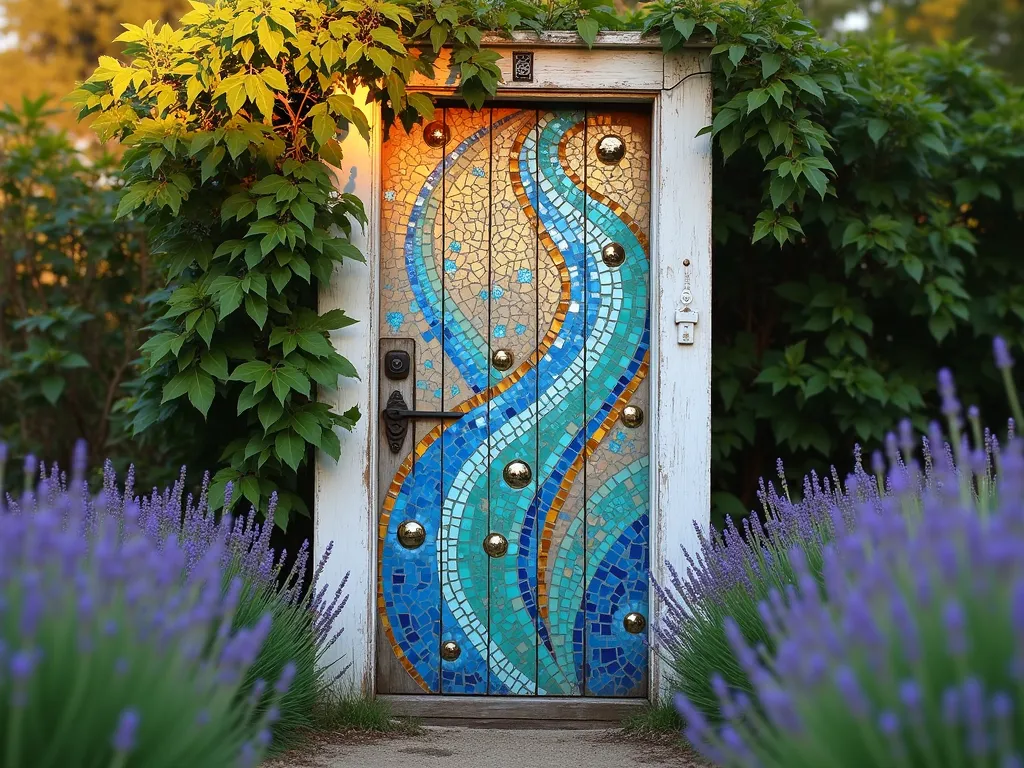 Mosaic Door Garden Art Wall - A stunning vintage wooden door transformed into garden wall art, photographed during golden hour. The door, standing 7 feet tall against a lush garden backdrop, is covered in an intricate mosaic pattern featuring vibrant blue, turquoise, and amber glass tiles arranged in flowing, organic patterns. Small circular mirrors are strategically placed throughout the design, catching and reflecting the warm evening light. The door's original white peeling paint and hardware remain visible, creating a charming contrast with the colorful tiles. Shot from a slight angle to capture light reflection, with climbing jasmine softly framing the edges. The surrounding garden features lavender plants and ornamental grasses, creating a dreamy, artistic atmosphere. Photographed with shallow depth of field to emphasize the mosaic detail while maintaining context of the garden setting.