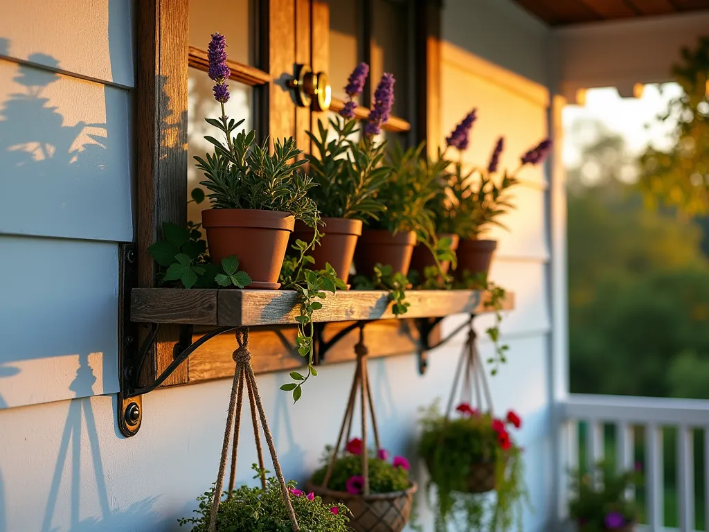 Rustic Door Plant Shelf at Sunset - A vintage weathered wooden door mounted horizontally as a garden shelf on a cottage-style porch wall, captured during golden hour sunset. The door features original brass hardware and is supported by ornate iron brackets. Multiple potted lavender plants and trailing ivy rest on its surface, while vintage-style macramé hanging baskets with cascading ferns and petunias hang from decorative hooks beneath. Warm evening light filters through the plants, creating enchanting shadows on the white-washed wall behind. Shot from a slight angle to show depth, with selective focus on the door's decorative elements and plants. Photography style: atmospheric high-end DSLR capture with natural sunset lighting, f/8 aperture for rich detail, ISO 100, wide-angle lens perspective showing the full installation in context of the porch setting.