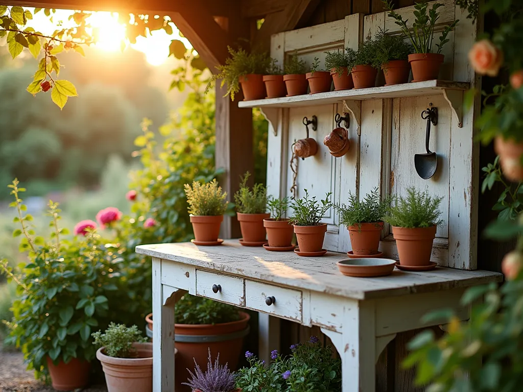 Rustic Door Potting Station at Sunset - A rustic vintage wooden door transformed into an elegant potting station, photographed during golden hour. The door, mounted horizontally on weathered cedar legs at waist height, features a naturally distressed white paint finish. The surface is adorned with terracotta pots, seedlings, and gardening supplies. Above, mounted shelves display heritage terra cotta planters with cascading ivy and herbs. Vintage copper garden tools hang from antique hooks along the door's edge. The workspace is set against a backdrop of climbing roses and lavender bushes, with dappled sunlight filtering through overhead pergola beams. Captured with a wide-angle lens to show the full workspace in context of a cottage garden setting, with bokeh effects highlighting the golden evening light.