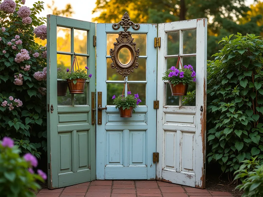 Vintage Door Garden Privacy Screen at Sunset - A stunning garden privacy screen made from three weathered vintage doors connected by decorative brass hinges, photographed at golden hour. The doors are painted in complementary shabby chic colors - sage green, distressed white, and soft blue. Each door features unique elements: one with an ornate vintage mirror reflecting the garden, another adorned with a flourishing climbing jasmine, and the third displaying hanging copper planters filled with cascading purple petunias and ivy. The screen is positioned on a rustic brick patio, creating an intimate seating area. Soft sunset light filters through the doors' original glass panes, casting artistic shadows on the terracotta pavers below. Shot with a wide-angle lens to capture the entire scene, with the warm evening light highlighting the screen's architectural details and the lush greenery. 16-35mm lens, f/2.8, ISO 400.