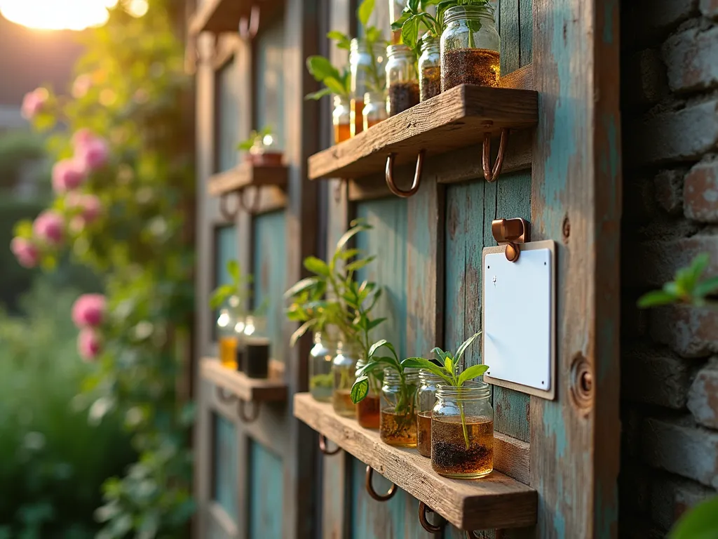 Vintage Door Plant Propagation Station - Close-up shot of a weathered vintage wooden door transformed into an elegant plant propagation station, captured during golden hour. The door stands against a garden wall, adorned with multiple glass test tubes and small mason jars hanging from copper hooks. Delicate plant cuttings in various stages of growth float in crystal-clear water, creating a scientific yet artistic display. Small wooden shelves are mounted across the door panels, holding propagation journals and additional specimens. A whiteboard tracking system is tastefully integrated into one of the door panels. Soft evening light filters through the glass containers, creating ethereal refractions and highlighting the emerging roots of pothos, monstera, and philodendron cuttings. The background features a blurred cottage garden with climbing roses. Shot with a shallow depth of field focusing on the central arrangement of propagation vessels.