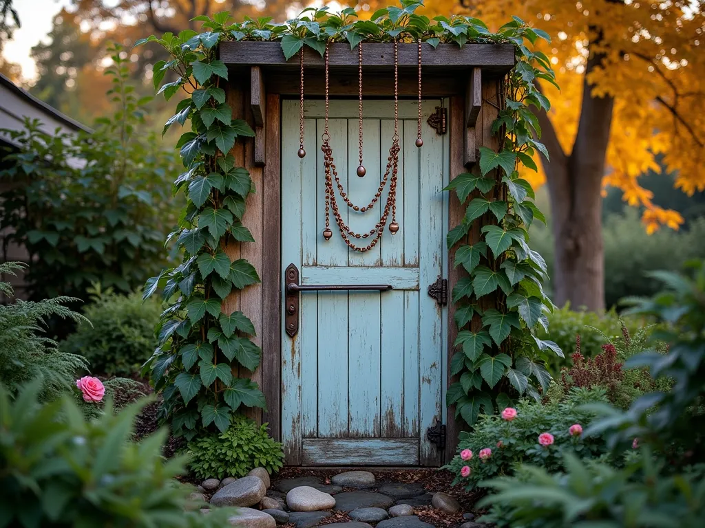 Vintage Door Rain Chain Garden Feature - A rustic weathered door mounted vertically in a lush garden setting at dusk, photographed at f/2.8 with soft evening light. Multiple copper rain chains elegantly cascade down the door's surface, catching the golden hour light. Water droplets glisten on the antique brass and copper chains, creating a mesmerizing display. The door features decorative vintage hardware and peeling pale blue paint. Native ferns and climbing roses frame the door, while river rocks collect at the base. Shot with a wide-angle 16mm lens to capture the entire installation within its garden context, with subtle bokeh effect in the background featuring Japanese maple trees.