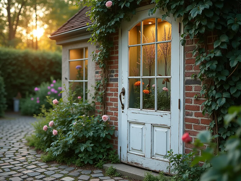 Vintage Door Garden Shadow Box Display - Close-up shot of a weathered white vintage door transformed into an elegant garden shadow box, mounted on a rustic brick wall in a cottage garden setting. The door's glass panels have been replaced with clear plexiglass, creating three distinct display compartments. Inside, beautifully preserved hydrangeas, lavender sprigs, and vintage garden tools are artistically arranged against a soft sage green backdrop. Delicate fairy lights illuminate the displays, creating a warm evening ambiance. Climbing roses and ivy frame the door, while a cobblestone path leads up to it. The scene is captured during golden hour, with soft sunlight filtering through nearby trees, casting intricate shadows across the display.