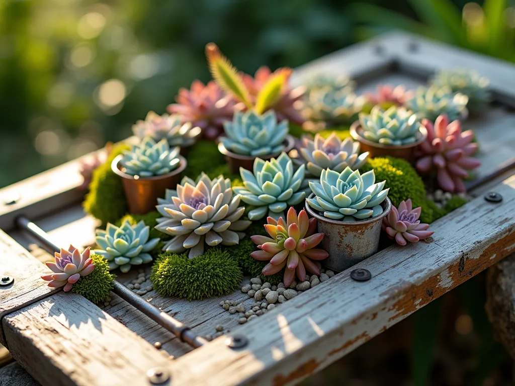 Vintage Door Succulent Garden Display - Close-up DSLR photo of a weathered vintage door laying horizontally in a garden setting, transformed into an elaborate succulent garden display. The door's natural wood patina creates a rustic backdrop for an artistically arranged collection of succulents in copper and weathered metal containers. Various echeveria, sempervivum, and sedum varieties cascade across the door's surface in a mesmerizing pattern, their colors ranging from soft blue-greens to deep purples and dusty roses. Golden afternoon sunlight casts subtle shadows across the textured succulents, highlighting their geometric forms. Small pebbles and decorative moss fill spaces between containers, while the door's original hardware adds character. A soft bokeh effect shows glimpses of a cottage garden in the background.