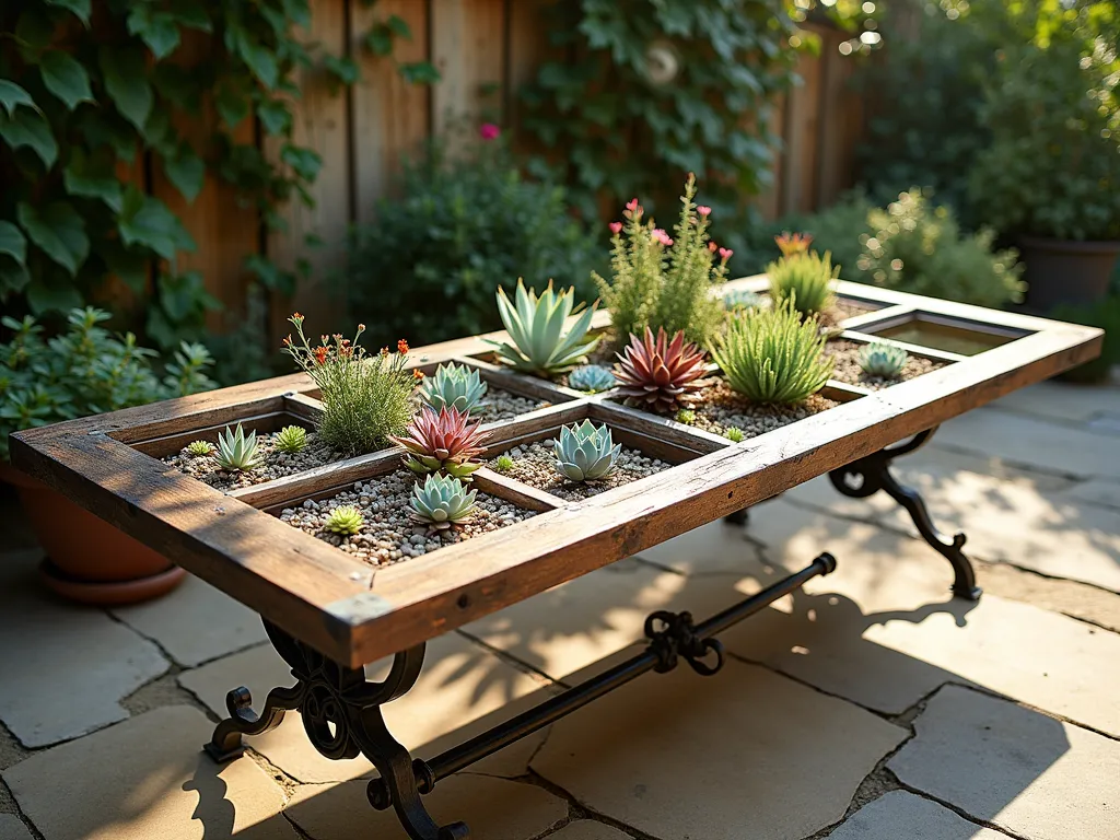 Vintage Door Succulent Table Display - A stunning rustic wooden door repurposed as an elegant outdoor table, photographed in warm late afternoon sunlight. The door lies horizontally on ornate wrought iron legs, featuring a clear glass top covering multiple sections filled with a vibrant array of succulents. The door's natural weathered panels create distinct geometric compartments showcasing different varieties of echeveria, sempervivum, and sedum in varying shades of sage green, dusty blue, and burgundy. Golden sunlight filters through nearby trees, casting dappled shadows across the glass surface. The table is positioned on a stone patio surrounded by potted plants and climbing vines, photographed from a 45-degree angle to showcase both the table's surface and its artistic construction. Shot with shallow depth of field to highlight the intricate details of the succulents while softly blurring the garden background. Professional DSLR photograph, f/8, ISO 100, 1/125s, natural lighting.