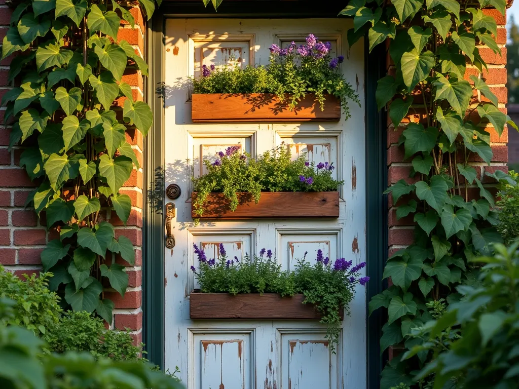 Vintage Door Living Wall Garden Frame - A repurposed vintage wooden door frame transformed into a vertical garden, photographed during golden hour. The door's weathered white paint peels slightly, adding rustic charm. Four horizontal cedar planters are mounted within the frame's panels, bursting with cascading herbs and flowers. Purple trailing lobelia spills over the edges, while compact herbs like thyme and sage fill the middle sections. Soft evening sunlight filters through the plants, casting intricate shadows on the weathered wood. The door stands against a brick wall covered in Boston ivy, creating depth and texture. Captured with a wide-angle lens at eye level, with shallow depth of field emphasizing the lush greenery. The scene includes decorative vintage doorknobs and original hardware adding authentic character.