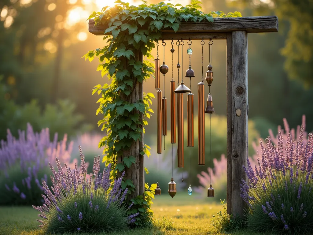 Vintage Door Wind Chime Garden Feature - A rustic, weathered wooden door frame standing independently in a cottage garden at golden hour, repurposed as an enchanting wind chime display. Multiple copper and brass wind chimes of varying lengths cascade elegantly from the door's cross beam, alongside vintage glass bells and metallic tubes creating a harmonious arrangement. Soft evening light filters through climbing jasmine vines that partially wrap the door frame, casting delicate shadows. The door is positioned among clusters of lavender and Russian sage, their purple blooms swaying in the gentle breeze. Shot from a slight low angle to emphasize the vertical arrangement of the chimes, with bokeh effect in the background showing a peaceful garden setting. Photorealistic, high detail, magical garden atmosphere.