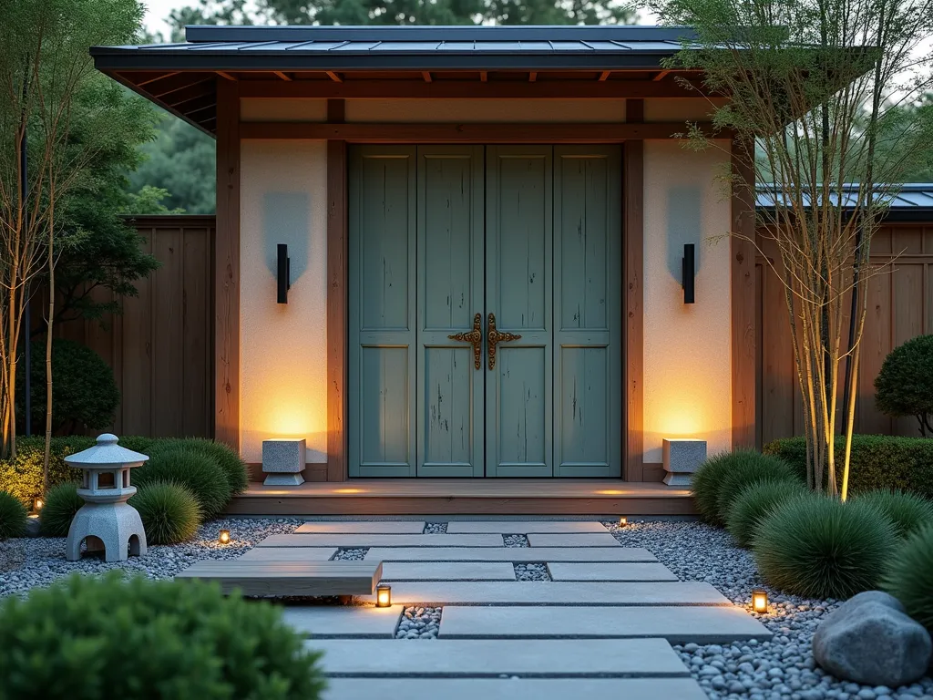 Serene Zen Garden Door at Dusk - A weathered vintage wooden door stands elegantly in a Japanese-inspired garden at dusk, shot at f/2.8 with soft, warm lighting. The door serves as a focal point, painted in a weathered sage green with ornate brass hardware. A neat arrangement of polished river rocks and fine gravel creates a traditional zen pattern in the foreground. Sleek black bamboo stalks grow gracefully along one side of the door, while a small stone lantern sits peacefully among low-growing moss. Minimal plantings of Japanese forest grass and dwarf mondo grass provide subtle greenery. A simple wooden bench rests nearby for meditation. The scene is captured from a low, wide angle perspective, emphasizing the door's height and the garden's peaceful symmetry. Natural stone pavers create a mindful path leading to the door, with soft landscape lighting casting gentle shadows across the scene.