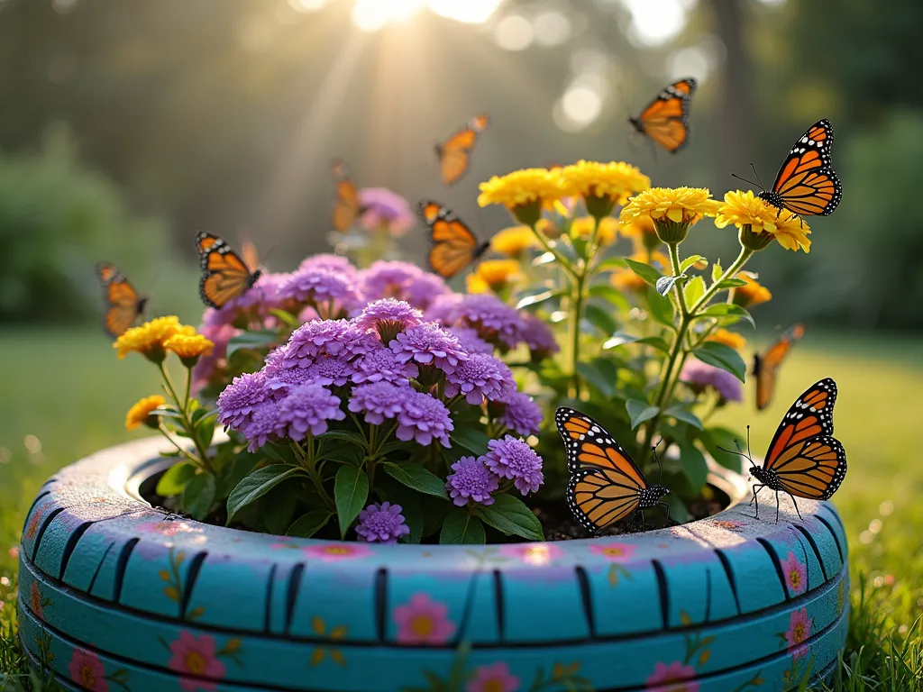 Butterfly Haven Tire Garden - A close-up shot of a beautifully painted tire garden in soft morning light, featuring a vibrant purple and yellow lantana bush in full bloom alongside a flowering butterfly bush. The tire is artistically painted in whimsical pastels with hand-painted butterflies decorating its sides. Natural wooden branches emerge as artistic perches, while real butterflies hover around the nectar-rich blooms. The background shows a soft-focus garden setting with dappled sunlight filtering through trees. Shot with a DSLR camera, the image captures the delicate morning dew on the flowers and the intricate details of the tire's artistic transformation, creating a dreamy, enchanted garden atmosphere.