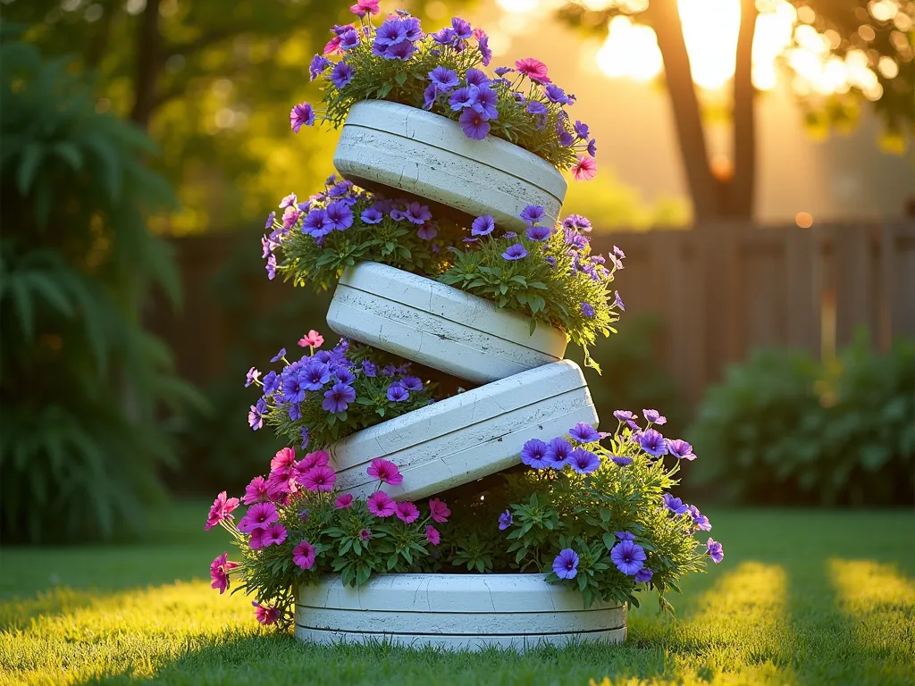 Vertical Tire Garden Tower with Cascading Flowers - A stunning vertical garden tower made from artistically stacked recycled tires, photographed during golden hour. Five white-painted tires are arranged at dynamic angles, creating a spiral effect ascending 6 feet high. Each tire overflows with vibrant cascading flowers - purple petunias, blue lobelia, and pink verbena spilling dramatically downward. The structure stands against a softly blurred natural garden background with dappled sunlight filtering through trees. Shot from a slight low angle to emphasize height and grandeur, using a wide-angle lens to capture the full dramatic impact while maintaining detail of the flowing blooms. The golden evening light catches the white paint and creates subtle shadows between the tiers, adding depth and dimension.