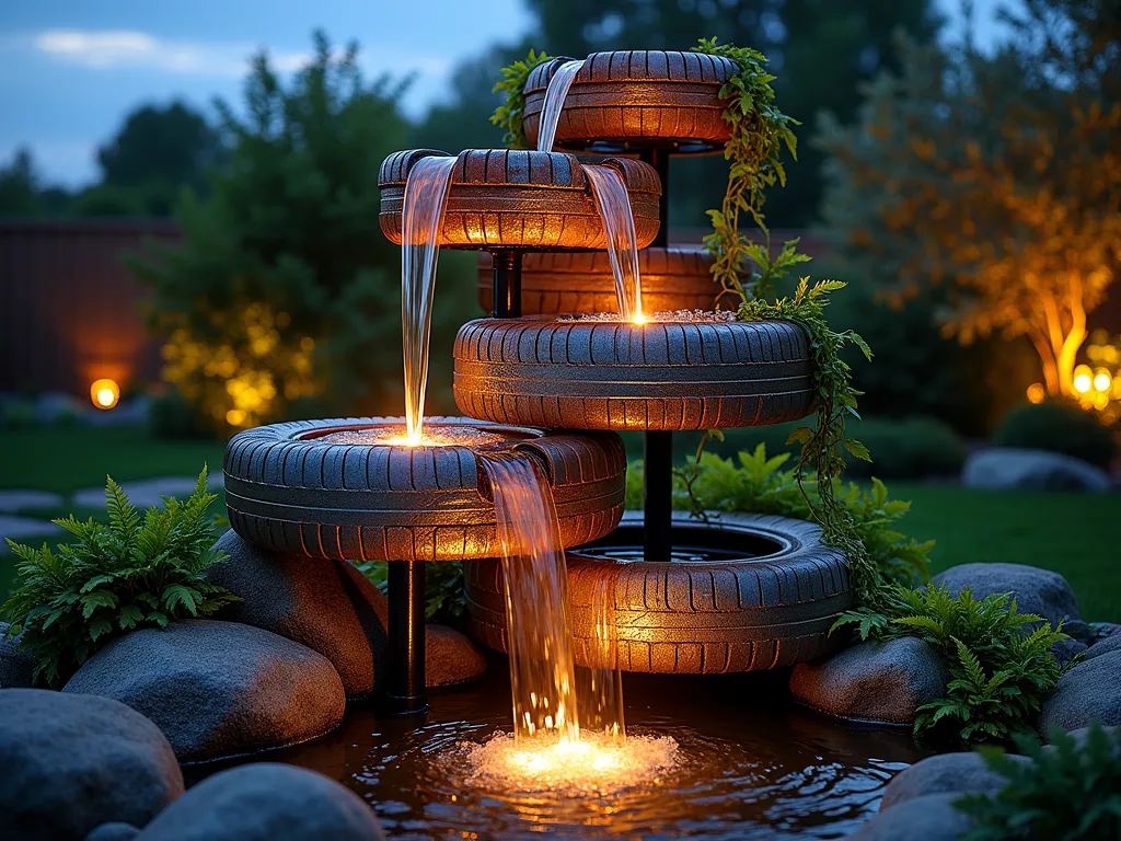 Cascading Tire Water Feature at Dusk - A mesmerizing garden water feature made from artistically stacked recycled tires, photographed at dusk. The tires are painted in sophisticated copper and silver metallic finishes, creating an industrial-chic aesthetic. Water gracefully cascades down multiple tire levels, each tier slightly offset to create a natural flow. Warm LED spotlights illuminate the falling water, creating golden highlights against the metallic surfaces. Lush ferns and trailing ivy soften the edges of the structure, while river rocks surround the base catch basin. The scene is captured from a three-quarter angle, showing both the vertical structure and the peaceful rippling pool below. Subtle blue evening sky in the background with garden lights creating a magical atmosphere.