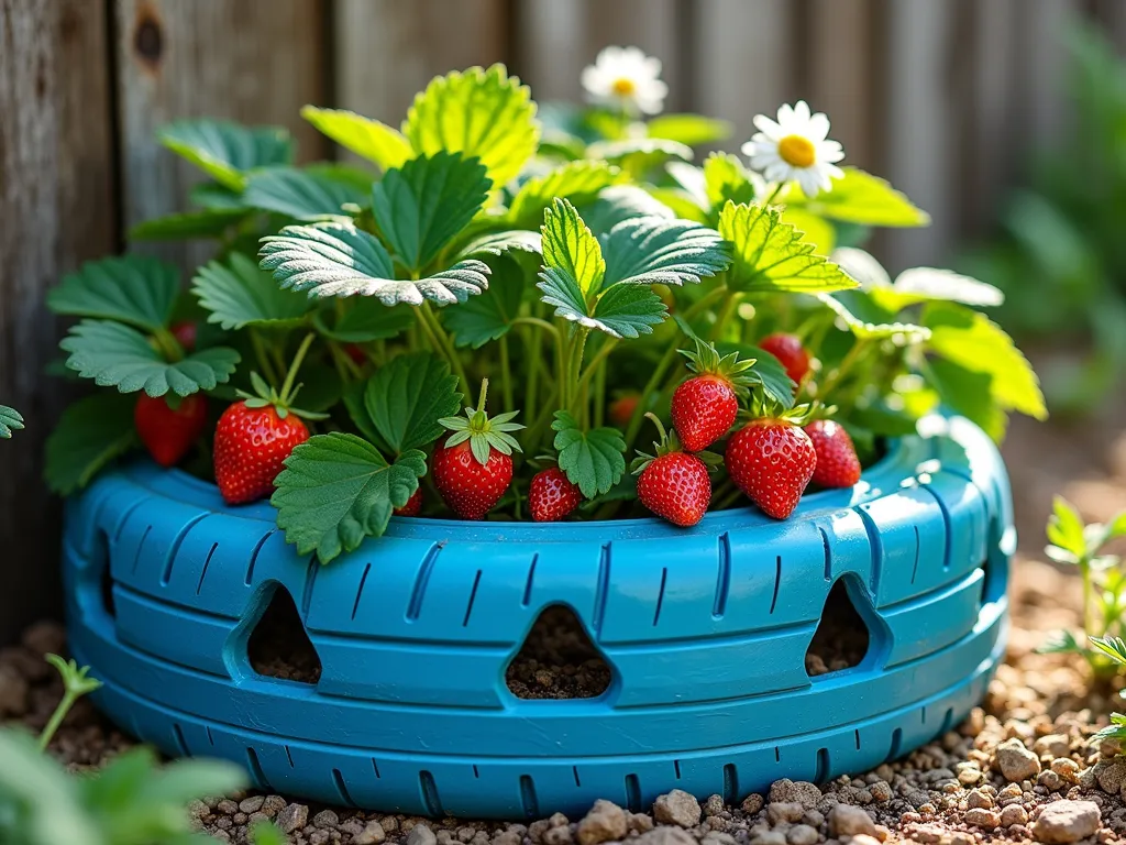 Colorful Tire Strawberry Tower - A close-up shot of a vibrant, upcycled tire strawberry planter in a sunny garden setting. The tire is painted in cheerful sky blue with white trim, featuring carefully cut triangular pockets around its circumference. Lush strawberry plants cascade from both the top and the side openings, with bright red ripe strawberries and white flowers visible among the deep green foliage. Morning dew glistens on the leaves, while a rustic wooden fence provides a soft-focused backdrop. Natural sunlight filters through the scene, creating gentle shadows and highlighting the innovative vertical gardening design. The planter sits on a bed of light-colored gravel for drainage, with companion herbs planted nearby.