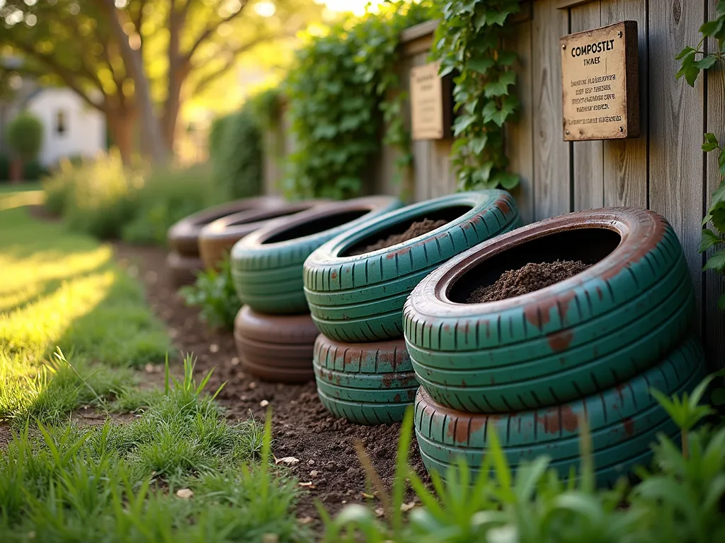 Eco-Friendly Tire Composting System - A professional DSLR wide-angle shot of a well-organized three-tier composting station made from recycled tires in a peaceful garden setting. The tires are painted in natural earth tones of sage green and warm brown, stacked strategically with visible drainage holes. Golden afternoon sunlight filters through nearby trees, casting dappled shadows on the setup. A rustic wooden educational sign explains composting stages. Rich, dark compost is visible in the bottom tier, while fresh organic matter fills the top. The station is nestled against a weathered wooden fence adorned with climbing ivy, surrounded by native perennials and ornamental grasses. The composition demonstrates both functionality and aesthetic appeal, with careful attention to depth of field highlighting texture details in both the tires and surrounding garden elements. Shot at f/8 with natural lighting, emphasizing the sustainable garden feature's integration into the landscape.