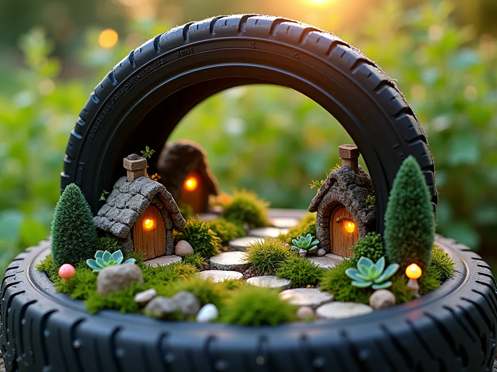 Enchanted Tire Fairy Garden - Close-up view of a whimsical fairy garden created inside a repurposed black tire, photographed during golden hour. The tire is transformed into a multi-level miniature landscape with tiny moss-covered stone pathways winding between diminutive fairy houses with twinkling LED lights. Small flowering succulents, miniature ferns, and baby's tears cascade over handcrafted terraces made from small rocks and driftwood. Tiny mushroom ornaments and miniature garden furniture are artfully placed throughout. A delicate fairy door is nestled into a moss-covered section, with small twinkling solar lights creating a magical atmosphere. The tire is positioned in a garden corner with soft bokeh effect showing lush greenery in the background.