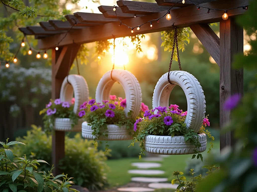 Enchanted Tire Swing Garden at Sunset - A dreamy wide-angle shot of a rustic backyard garden at golden hour, featuring three white-painted tire swings hanging at different heights from a weathered wooden pergola. The tires are transformed into stunning hanging planters overflowing with cascading purple petunias, variegated ivy, and pink trailing lobelia. Soft sunset light filters through the pergola slats, creating a magical interplay of light and shadow on the suspended garden. Below, a natural stone pathway winds through a cottage-style garden, while string lights draped across the pergola add a warm, ethereal glow. The composition captures the whimsical upcycled design while maintaining an elegant garden aesthetic, photorealistic, high-detail, soft bokeh background.