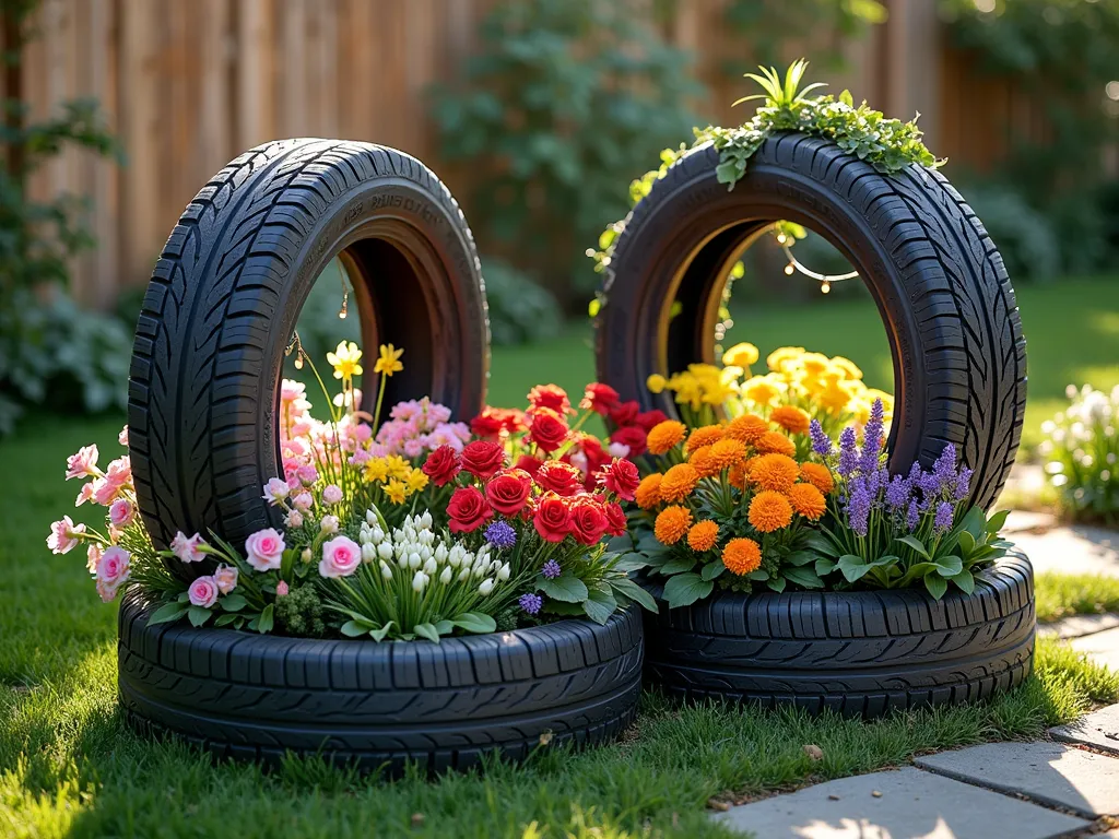 Four Seasons Tire Garden Display - A stunning garden feature showcasing four recycled tires arranged in a clover formation, each beautifully planted to represent different seasons. The spring tire bursts with pink cherry blossoms and yellow daffodils, the summer tire overflows with vibrant red roses and purple lavender, the autumn tire features orange chrysanthemums and red maple leaves, and the winter tire displays white snowdrops and evergreen holly. Soft evening sunlight casts long shadows across the artistic display, while solar-powered string lights weave between the tires. A rustic wooden backdrop and natural stone pathway complete this enchanting garden vignette. Photographed in a wide-angle perspective to capture the entire seasonal story, with soft bokeh effect in background. Photorealistic, high detail, garden photography style.