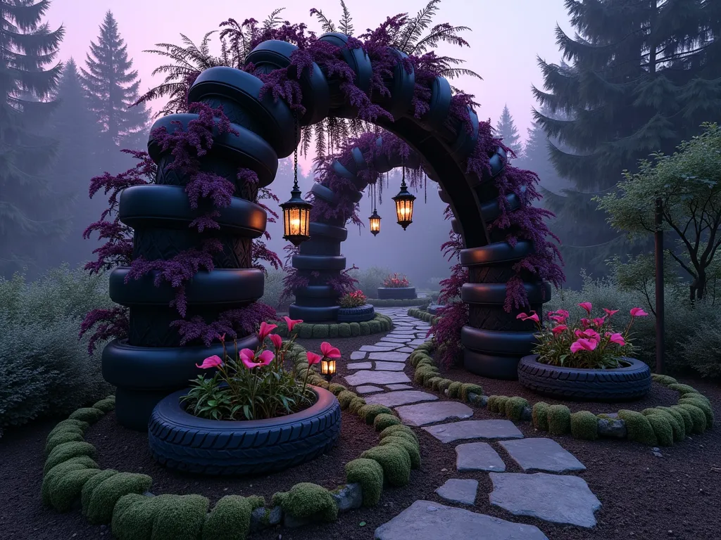 Gothic Tire Garden at Twilight - A mystical garden corner at twilight featuring architecturally stacked black-painted tires forming a dramatic spiral structure. The tires create a Gothic-inspired tower adorned with cascading dark purple heuchera and black mondo grass. Iron Gothic lanterns hang from wrought-iron brackets between the tires, casting ethereal shadows. Deep purple climbing clematis weaves through the structure while black calla lilies emerge from the tire planters. A stone pathway with moss-covered edges leads to the installation, surrounded by mist. The scene is captured in a wide-angle shot with the dusky purple sky visible, creating a haunting yet beautiful atmosphere.