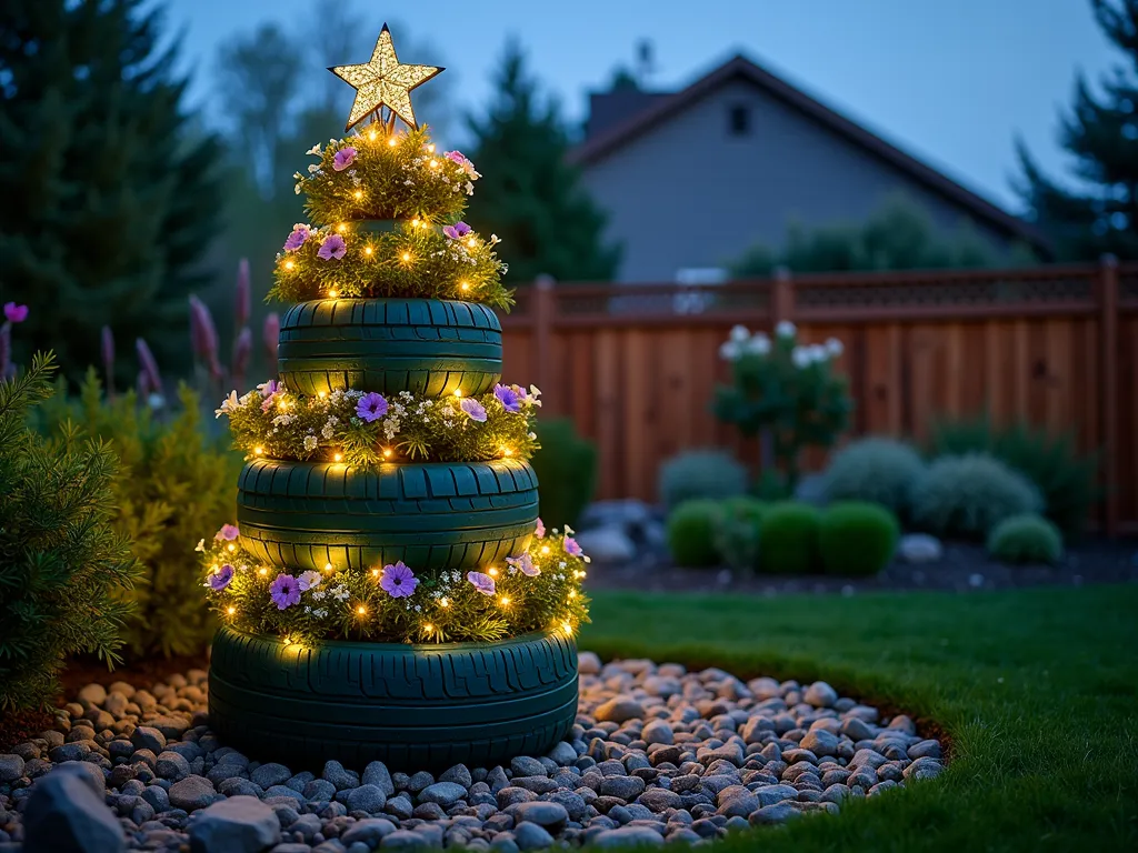 Illuminated Tire Christmas Tree Garden Feature - A magical twilight scene in a cozy backyard garden featuring a creative 6-foot-tall Christmas tree structure made from recycled tires, photographed at dusk. The tires are expertly stacked in decreasing sizes and painted in a rich forest green. Each tire level serves as a planter, filled with cascading petunias, purple verbena, and white alyssum creating a lush, flowing effect. Warm white LED string lights are artistically wrapped around the tire structure, creating a gentle glow against the deepening blue sky. The base is surrounded by ground cover plants and decorative river rocks. Shot with shallow depth of field focusing on the illuminated structure, with a soft bokeh effect on the background garden features. The composition includes natural garden elements like ornamental grasses and flowering shrubs in the background.