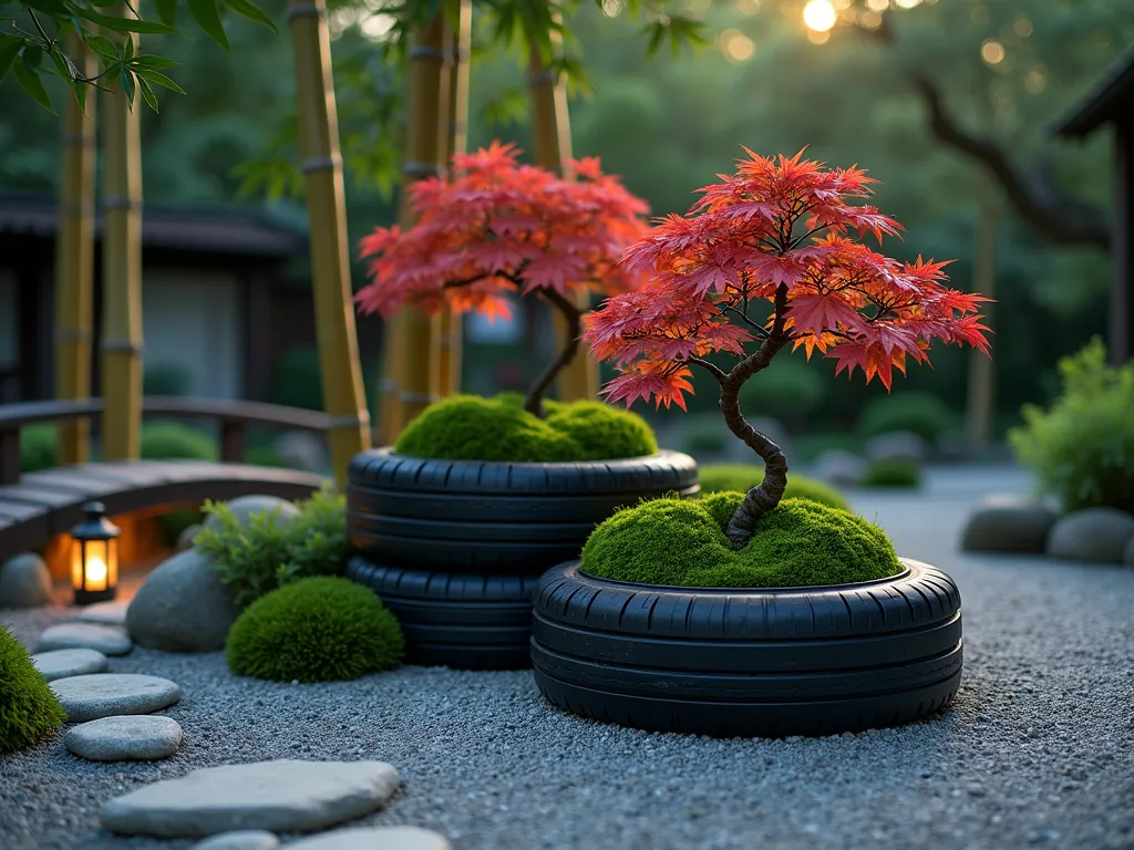 Zen Tire Garden with Japanese Maple - A serene Japanese garden vignette at dusk, photographed with a wide-angle lens capturing a thoughtfully arranged composition of black-painted tires serving as planters. The tires are artistically stacked in varying heights, each hosting lush green moss and delicate deep-red Japanese maple bonsai. Natural bamboo stems rise gracefully behind the arrangement, creating vertical interest. Smooth river stones and crushed granite gravel form a traditional Zen garden base, with strategic lighting casting soft shadows. The scene is photographed at f/2.8 with gentle bokeh effect, while lantern light adds warm atmospheric glow to the peaceful garden setting. A small wooden bridge and stone pathway complete the authentic Japanese garden aesthetic.