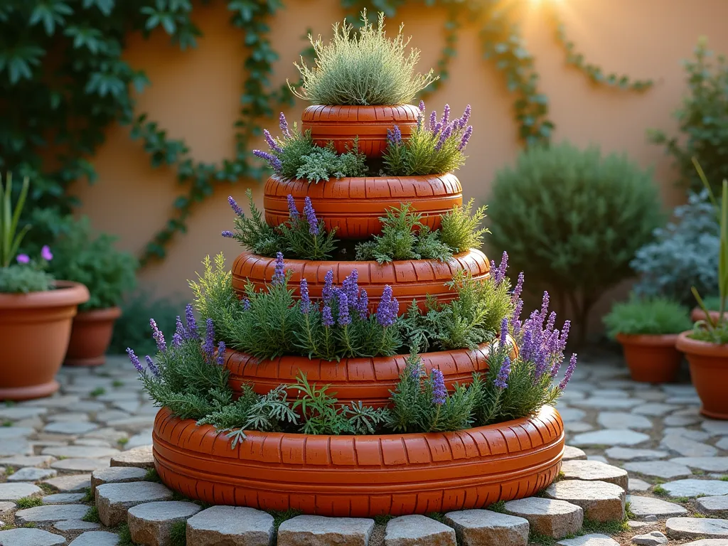 Mediterranean Tire Herb Spiral Garden - A captivating golden hour photograph of a spiral-shaped herb garden made from recycled tires, shot at f/2.8 with a 16-35mm lens. The tires are artistically painted in warm terracotta and rustic Mediterranean orange tones, arranged in an ascending spiral pattern against a natural stone base. The spiral rises about 4 feet high, with each level hosting different Mediterranean herbs. Abundant rosemary cascades over the edges, while purple lavender blooms create striking color contrast. Fresh thyme spreads between the levels, their silver-green foliage catching the warm evening light. Weathered terracotta pots and olive-colored garden accessories complement the scene. The background shows a blurred Mediterranean-style garden wall with climbing vines. The composition is captured from a three-quarter angle to showcase the spiral's dimensional structure and the natural flow of the herbs.