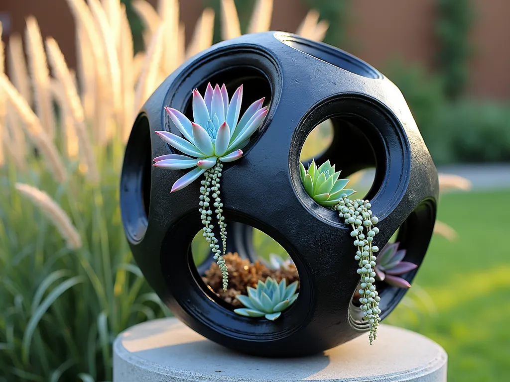 Modern Succulent Tire Sphere Garden Art - A stunning close-up shot of a unique garden sculpture made from recycled tire pieces artfully arranged into a perfect sphere, approximately 3 feet in diameter. The black rubber segments create geometric patterns filled with a variety of colorful succulents in shades of blue, purple, and sage green. Echeveria rosettes and trailing String of Pearls cascade from the openings, catching the warm late afternoon sunlight. The sphere is positioned on a modern concrete pedestal in a minimalist garden setting, with soft-focus ornamental grasses in the background. The composition captures the intricate details of the succulents while showing the innovative use of recycled materials in garden design. Shot with natural lighting creating subtle shadows that emphasize the dimensional quality of the sculpture.