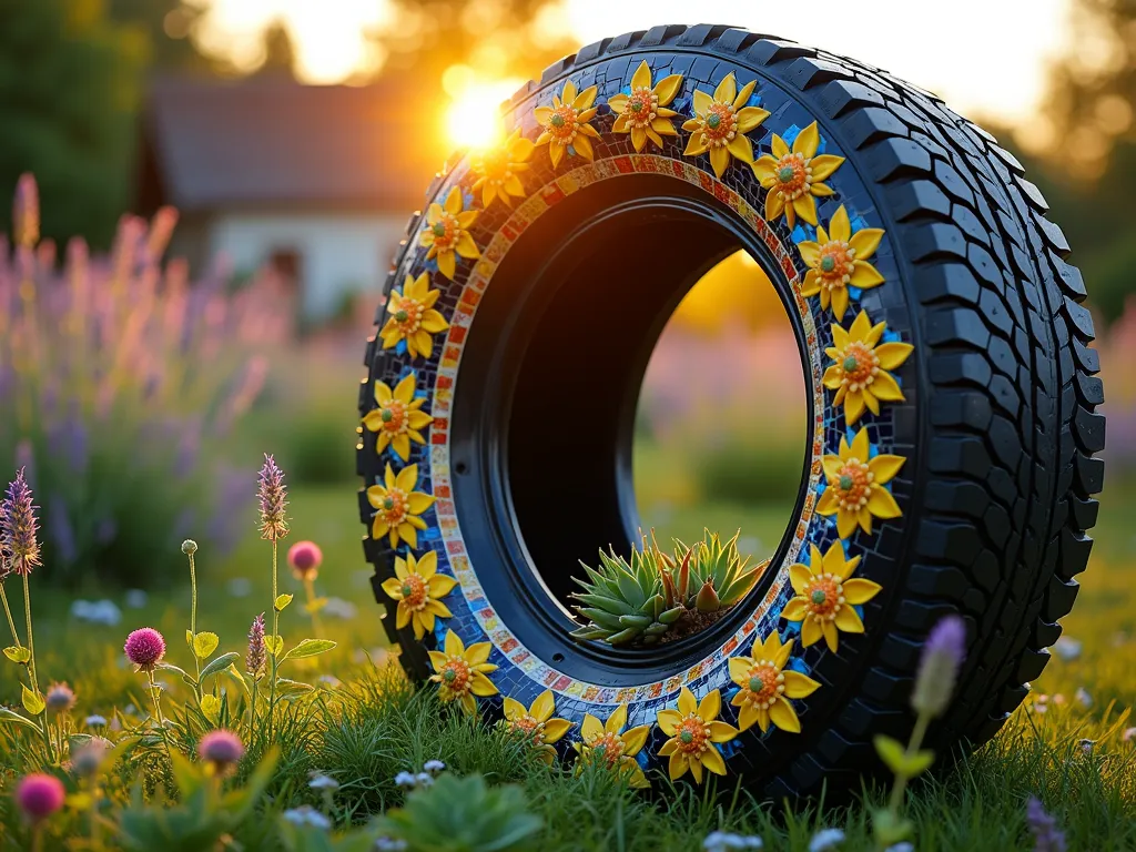 Mosaic Tire Garden Art at Sunset - A close-up DSLR shot of a repurposed tire transformed into stunning garden art, captured during golden hour. The tire is intricately decorated with a vibrant sunflower pattern created from broken ceramic tiles in yellows, oranges, and blues. The mosaic design wraps around the entire tire, which stands upright in a cottage garden setting. Small succulents and trailing plants emerge from the tire's center, while soft sunset light catches the reflective tile pieces, creating a magical sparkle effect. The background shows a blurred cottage garden with lavender and roses, adding depth to the composition. Shot with a wide-angle lens at f/8, capturing both the detailed mosaic work and the garden context.