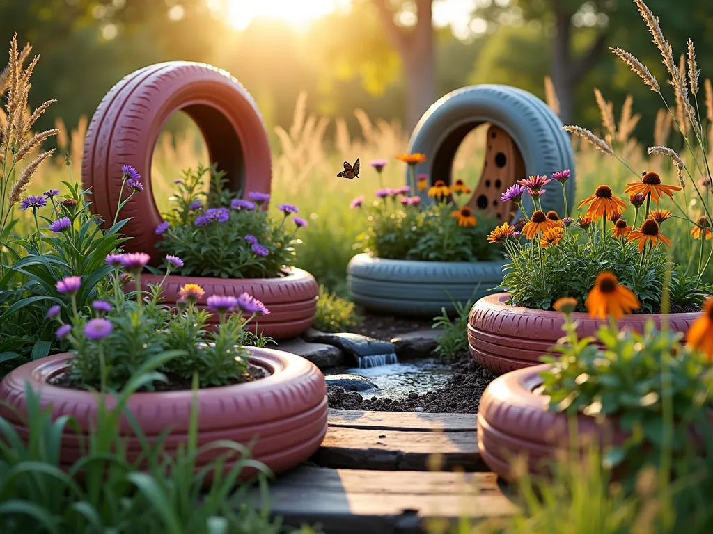 Vibrant Tire Pollinator Garden at Sunset - A serene garden scene at golden hour featuring artistically arranged recycled tires painted in soft earth tones, creating a stunning pollinator garden. The tires are arranged in a cascading pattern, filled with colorful native wildflowers including purple coneflowers, black-eyed susans, and butterfly milkweed in full bloom. A small solar-powered water feature trickles between the tires, while several whimsical insect hotels made from natural materials are integrated into the tire structures. Butterflies and bees hover around the blooms, captured in the warm evening light. The garden is photographed from a low angle, showing the layered tire arrangement against a soft-focus natural background, with streaming sunlight creating a magical atmosphere. The composition includes rustic wooden stepping stones connecting the tire gardens, and native grasses providing texture and movement.