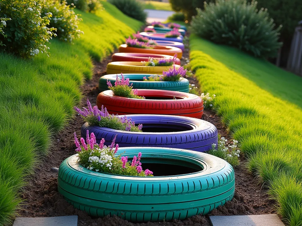 Rainbow Tire Garden Steps - A charming garden pathway created from recycled tires, expertly arranged as ascending steps on a gentle grassy slope, each tire painted in vibrant rainbow colors - red, orange, yellow, green, blue, and purple. The tires are partially embedded in the hillside, filled with rich soil and blooming with cascading purple verbena, white alyssum, and pink creeping phlox that spill over the edges. Captured in warm late afternoon sunlight, the wide-angle shot showcases the entire colorful installation against a backdrop of lush green lawn and mature garden plants. Natural stone pavers connect the steps, creating a cohesive pathway design. Photographed with professional DSLR settings: f/8, ISO 100, 1/125 sec, showcasing crystal-clear details and perfect exposure.