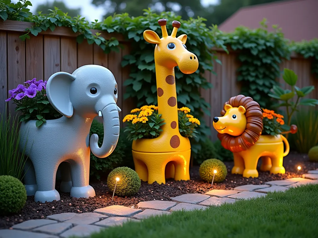 Whimsical Tire Safari Animal Garden - A charming garden corner at dusk featuring repurposed tires transformed into colorful safari animal planters. A large tire elephant planter painted in gentle gray with big floppy ears, holds vibrant purple petunias. Next to it, a tall giraffe planter made from stacked tires, painted in warm yellow with brown spots, showcases cascading ivy and yellow marigolds. A playful lion planter with a tire mane painted in golden brown contains orange lantanas. The planters are arranged along a curved garden path with soft garden lights illuminating the scene. Small butterfly bushes and ornamental grasses surround the base of each animal planter, creating a cohesive garden setting. A rustic wooden fence provides a natural backdrop, with climbing jasmine adding depth to the scene. The whole setup captures a magical, child-friendly garden atmosphere with a perfect balance of whimsy and sophisticated garden design.