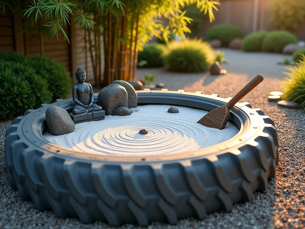 Serene Tire Zen Garden at Sunset - A peaceful garden scene at golden hour, featuring a large recycled tractor tire transformed into a modern zen garden. The tire is painted in a soft matte gray and filled with pristine white sand featuring precise rake patterns. Natural stone elements including dark river rocks and small boulders create an asymmetrical balance within the circular space. Delicate bamboo plantings emerge from behind the tire, casting gentle shadows across the sand. A small Buddha statue sits serenely among the rocks. The surrounding garden space includes minimal ground cover and crushed granite pathways. Shot from a 45-degree angle with a shallow depth of field, the warm sunset light creates long shadows and highlights the textural elements of the sand patterns. A traditional wooden zen rake leans against the tire's edge, photographed with a 16-35mm lens at f/2.8, ISO 400.