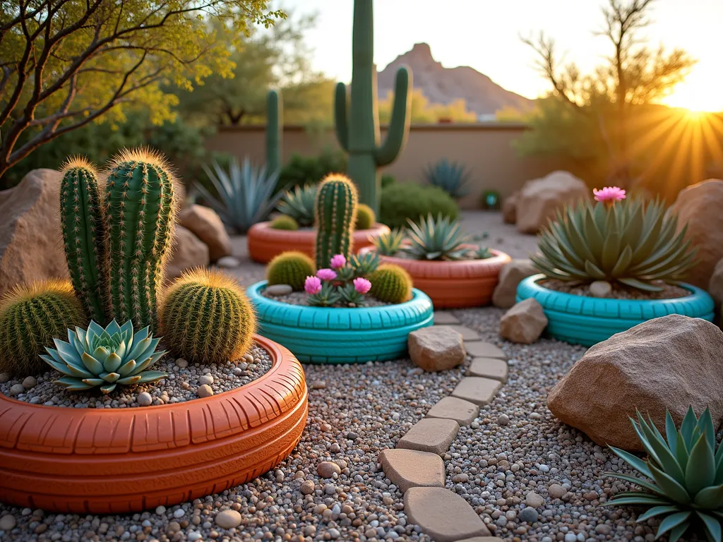 Southwestern Tire Desert Garden - A stunning backyard desert rock garden at golden hour, featuring artistically arranged recycled tires painted in warm terracotta and turquoise hues. The tires are positioned at varying heights, filled with sand and decorative rocks, showcasing a diverse collection of cacti and succulents. Barrel cacti, agave plants, and echeveria rosettes emerge from the tires, while small pebbles and crushed granite create natural pathways between them. Desert wildflowers add pops of color, and scattered boulder formations complement the southwestern aesthetic. Shot with a wide-angle lens capturing the garden's integration with the natural landscape, warm sunset light casting long shadows and highlighting the textures of the plants. 16-35mm lens, f/2.8, ISO 400