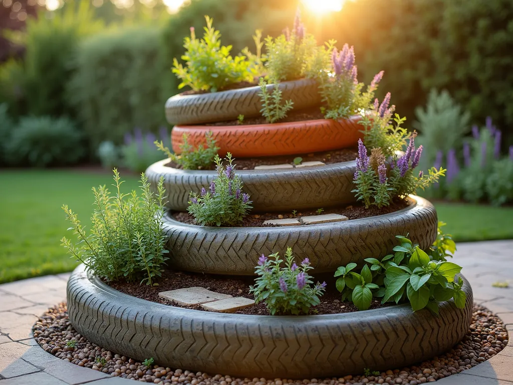 Spiral Tire Herb Garden at Sunset - A creative spiral herb garden made from stacked recycled tires, photographed during golden hour. The tires are painted in warm earth tones of terracotta and sage green, arranged in a diminishing spiral pattern with five levels. Each tier contains thriving herbs with cascading thyme, tall rosemary, purple sage, and fragrant basil. Natural stone pathways wind between the levels, with rustic wooden plant markers. The structure is positioned in a cozy corner of a backyard patio, with soft evening sunlight casting long shadows across the textured surfaces. Shot at f/2.8 with a 16-35mm lens, creating a dreamy bokeh effect on the background garden landscape. The composition includes small decorative pebbles and mulch around the base, adding texture and natural elements to the design.