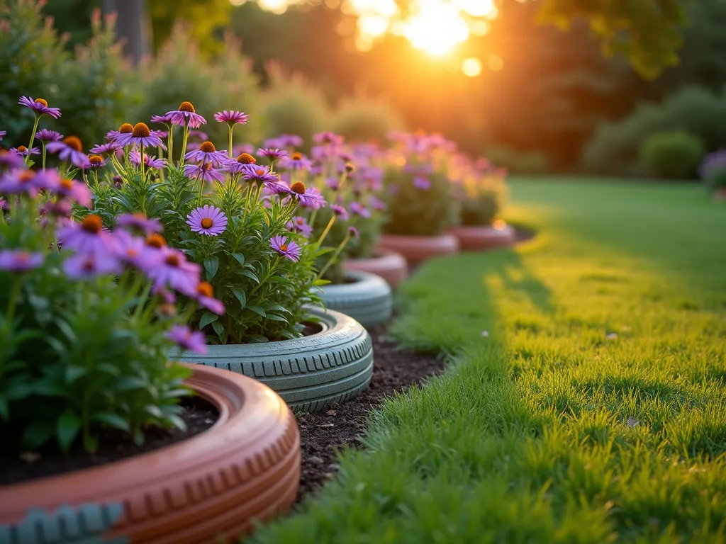 Creative Tire Border Garden Edging at Sunset - A serene garden scene at golden hour, featuring a curved flower bed bordered by recycled tires cut lengthwise and partially buried in the soil. The tires are painted in muted sage green and terracotta colors, creating an artistic border that separates lush perennial flowers from a manicured lawn. The low-angle shot captures the warm sunset light filtering through purple coneflowers and black-eyed susans that spill over the tire edging. The artistic composition showcases the sustainable garden border with natural bokeh effect in the background, highlighting the texture of the painted tires against the vibrant garden backdrop. Shot with a wide-angle lens at f/2.8 to capture the entire curved border while maintaining a dreamy depth of field.