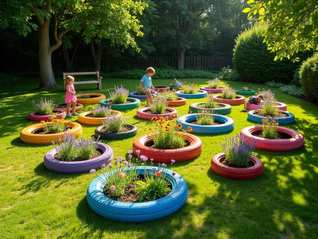 Children's Tire Maze Garden Adventure - A whimsical garden maze created from recycled tires, photographed in warm afternoon sunlight. The tires are painted in cheerful rainbow colors and arranged in a simple, winding maze pattern on a lush grass lawn. Each tire is filled with different flowering plants including lavender, marigolds, and chamomile, creating distinct sensory zones. Children can be seen exploring the paths between the tires, while butterflies hover over the blooms. The maze is bordered by mature trees providing dappled shade, with a cozy wooden bench nearby for parents to watch. Captured in a three-quarter aerial view to show the complete maze layout while maintaining the intimate garden atmosphere. Professional gardening photography style, soft natural lighting, vibrant colors, 4K resolution.