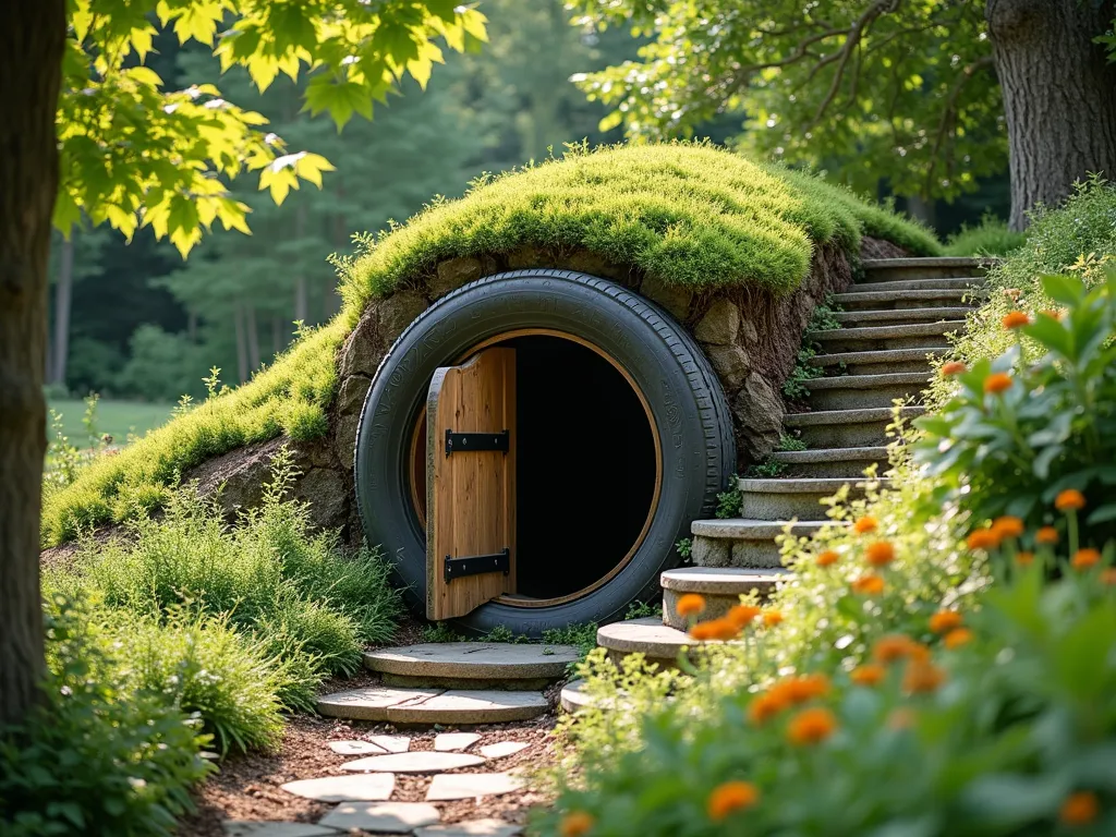 Eco-Friendly Tire Root Cellar with Living Roof - A professional DSLR wide-angle shot of a charming root cellar made from recycled tires, partially visible in a gently sloping garden hillside. The earthen structure features a rustic wooden door with black hinges, while the living roof is beautifully covered with cascading creeping thyme and sedum. Natural stone steps lead up the side, surrounded by native wildflowers. Afternoon sunlight casts dappled shadows through nearby maple trees, highlighting the seamless integration of the structure into the landscape. The composition shows both the practical entrance and the naturalistic green roof, photographed at f/8 for optimal depth of field, capturing the sustainable garden feature in stunning detail.