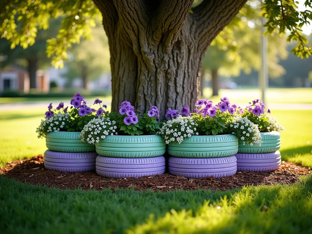 Artistic Tire Tree Surround with Purple Petunias - A close-up perspective of a majestic oak tree base surrounded by artistically arranged recycled tires, painted in soft sage green and lavender colors, creating a circular pattern around the trunk. The tires are filled with vibrant purple petunias and white alyssum that cascade over the edges, while rich brown mulch fills the spaces between. Golden evening sunlight filters through the tree canopy, casting dappled shadows on the decorative arrangement. Shot with a shallow depth of field focusing on the tire arrangement and flowers, with the tree trunk softly blurred in the background. The surrounding lawn appears lush and well-maintained, creating a professional landscaping aesthetic. Photographed with a digital camera, 16-35mm lens at 35mm, f/2.8, ISO 400.