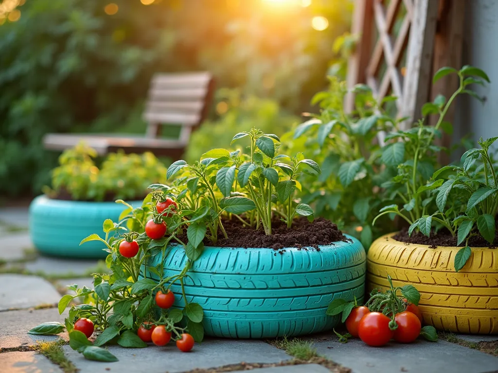 Vibrant Tire Vegetable Garden at Sunset - A close-up shot of three large recycled tires painted in cheerful pastel colors (mint green, sky blue, and soft yellow), arranged in a cascading pattern on a concrete patio. The tires are filled with rich, dark soil and thriving vegetable plants. Mature tomato plants with red fruits cascade over one tire, while vibrant bell peppers and fresh herbs flourish in the others. Golden evening sunlight filters through the foliage, creating warm shadows and highlighting the organic textures. A rustic wooden trellis backdrop supports climbing plants, while a weathered garden bench sits nearby. Shot with shallow depth of field focusing on the abundant vegetables, creating a dreamy bokeh effect in the background garden space. 16mm wide-angle perspective captures the entire sustainable garden vignette.