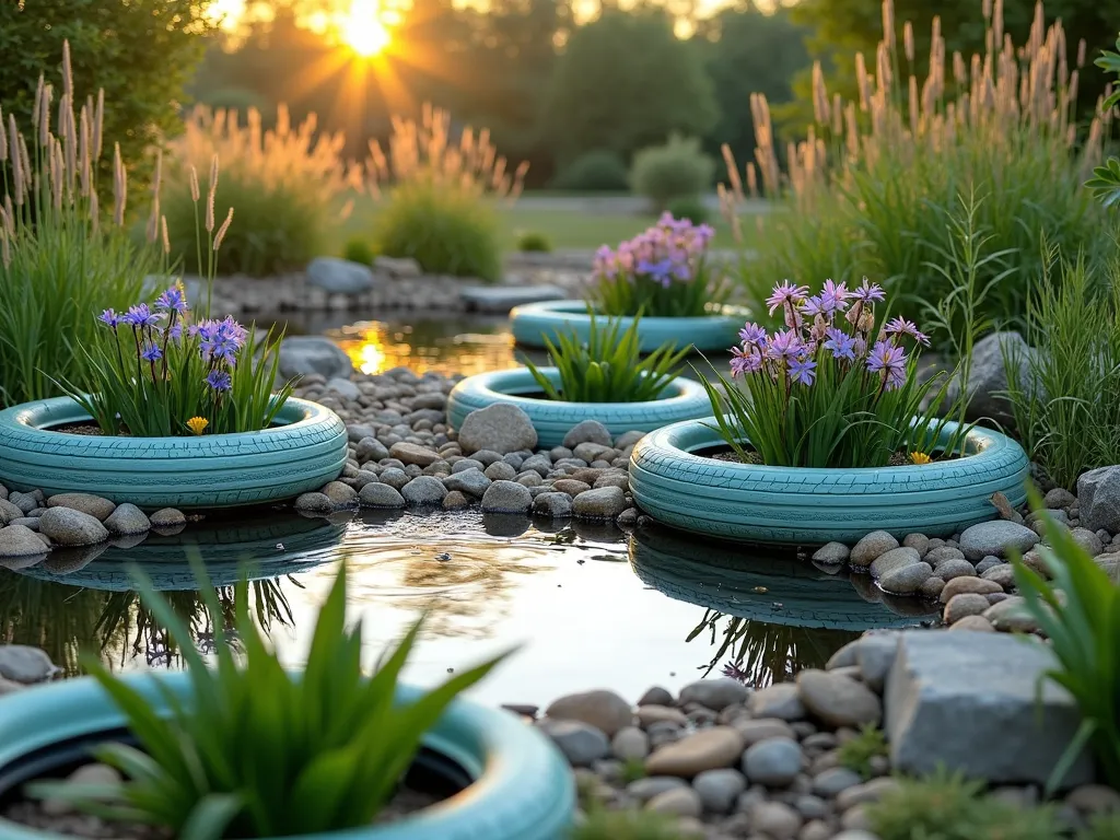 Tranquil Tire-Bordered Garden Pond - A serene garden pond at golden hour, bordered by partially buried tires painted in soft sage green and weathered blue tones. The tires are artfully arranged in a curved pattern around the pond's edge, with lush water iris, marsh marigolds, and cattails growing from within their cavities. Natural stone clusters and river rocks are nestled between the tires, creating a harmonious transition to the water. The pond's surface reflects the warm evening light, while ornamental grasses sway gently in the background. Viewed from a medium-wide angle showing the entire pond border installation, with the focus on the natural integration of the recycled tires into the landscape. Photorealistic, high detail, soft natural lighting.