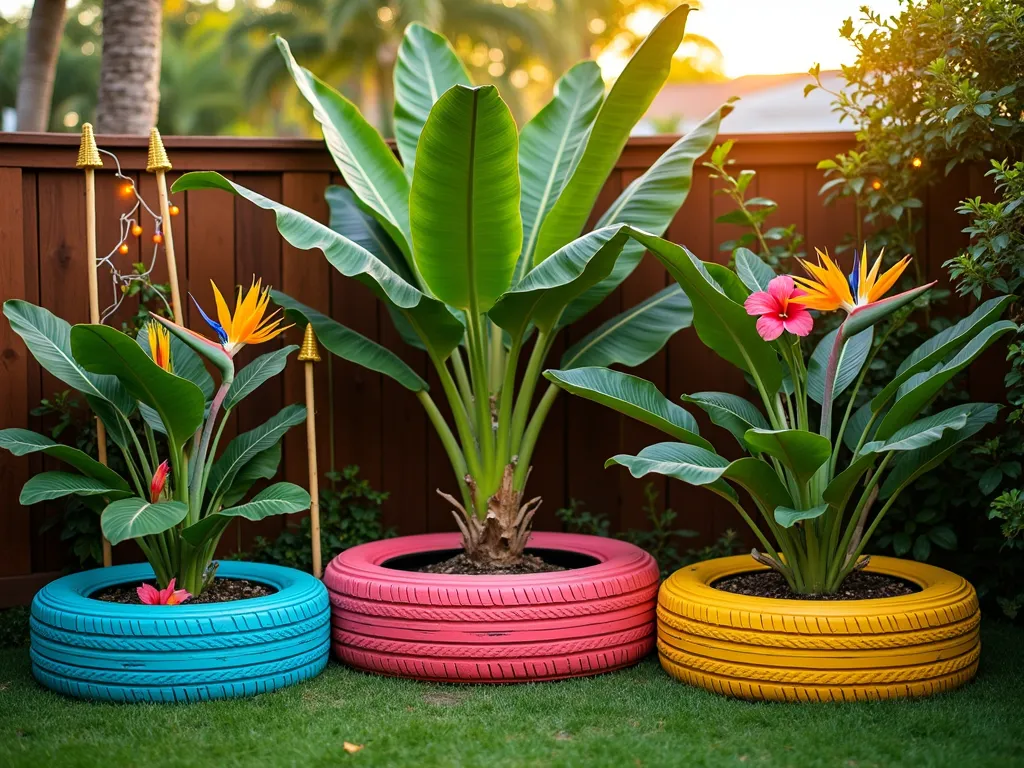 Tropical Tire Garden Paradise - A vibrant backyard corner transformed into a tropical paradise at golden hour, featuring three large repurposed tires painted in bold turquoise, coral pink, and sunshine yellow. The tires are arranged in an artistic stepped formation, with a towering banana tree emerging from the largest tire, its broad leaves catching the warm evening light. Bird of paradise plants with their striking orange blooms rise from the other tires, surrounded by cascading tropical foliage. Bamboo tiki torches frame the scene, while colorful hibiscus flowers add pops of color. Small solar-powered string lights weave between the plants, creating a magical atmosphere. Shot from a low angle with a 16-35mm lens at f/2.8, capturing the lush tropical setting against a soft-focus background of natural garden space. The golden hour lighting casts long shadows and creates a warm, inviting ambiance that highlights the painted tires' glossy finish and the rich textures of the tropical foliage.