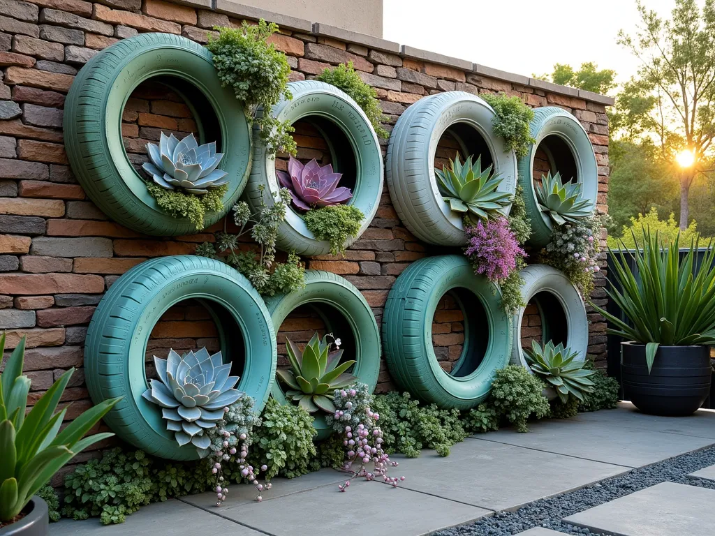 Vertical Tire Succulent Wall Garden - A stunning vertical garden installation on a rustic stone wall featuring artistically arranged recycled tires painted in muted sage green, turquoise, and white. The tires are mounted in a geometric pattern, each filled with cascading succulents in various shades of blue-green, purple, and pink. Echeveria rosettes, trailing string of pearls, and colorful sempervivums spill over the tire edges. Late afternoon sunlight casts gentle shadows across the living wall, while string lights weave between the tires creating a magical ambiance. Shot from a medium angle to capture the full vertical composition, with selective focus on the intricate plant details. The wall is set against a modern patio space with natural stone pavers below. DSLR photo, f/8, ISO 100, 1/125s, natural lighting with golden hour glow.