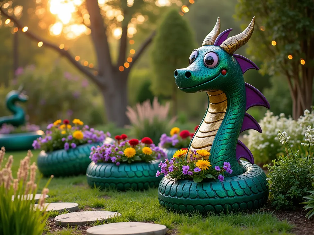 Whimsical Tire Dragon Garden Feature - A magical garden scene at golden hour featuring a playful serpentine dragon made from recycled tires, photographed at a 3/4 angle with a wide lens. The dragon curves gracefully through a lush garden, its body made from 7 tires painted in metallic emerald green with purple and gold accents. Each tire segment is adorned with hand-painted scales and contains vibrant flowering plants: purple petunias, yellow marigolds, red salvias, and white alyssum cascading over the edges. The dragon's head, crafted from a larger tire, features whimsical oversized eyes made from mosaic tiles, metallic horns, and a friendly expression. Soft natural lighting casts gentle shadows across the garden, while string lights wrapped around nearby trees add a magical twinkle. The surrounding landscape includes ornamental grasses, butterfly bushes, and stepping stones leading to the dragon.